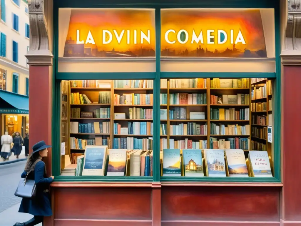 Una cautivadora acuarela de una bulliciosa librería, con 'La Divina Comedia' destacada en el escaparate