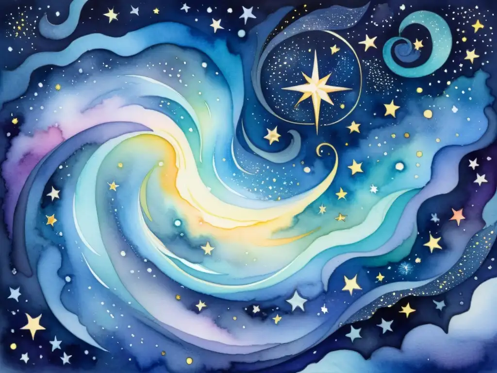 Una cautivadora pintura de acuarela detallada con una noche estrellada, evocando la oda a la estrella de Pablo Neruda