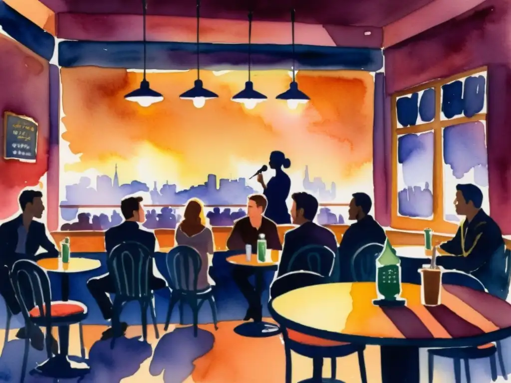 Una cautivadora pintura acuarela de un escenario de café iluminado por un solo foco, animando a poetas a compartir su voz con el mundo
