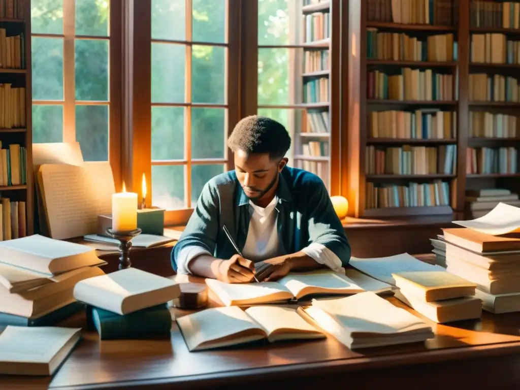 Una cautivadora pintura acuarela de un poeta escribiendo versos con una pluma, rodeado de libros y poesía