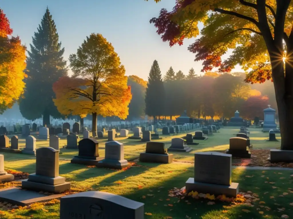 Un cementerio sereno y neblinoso al amanecer, con tumbas antiguas entre hojas otoñales