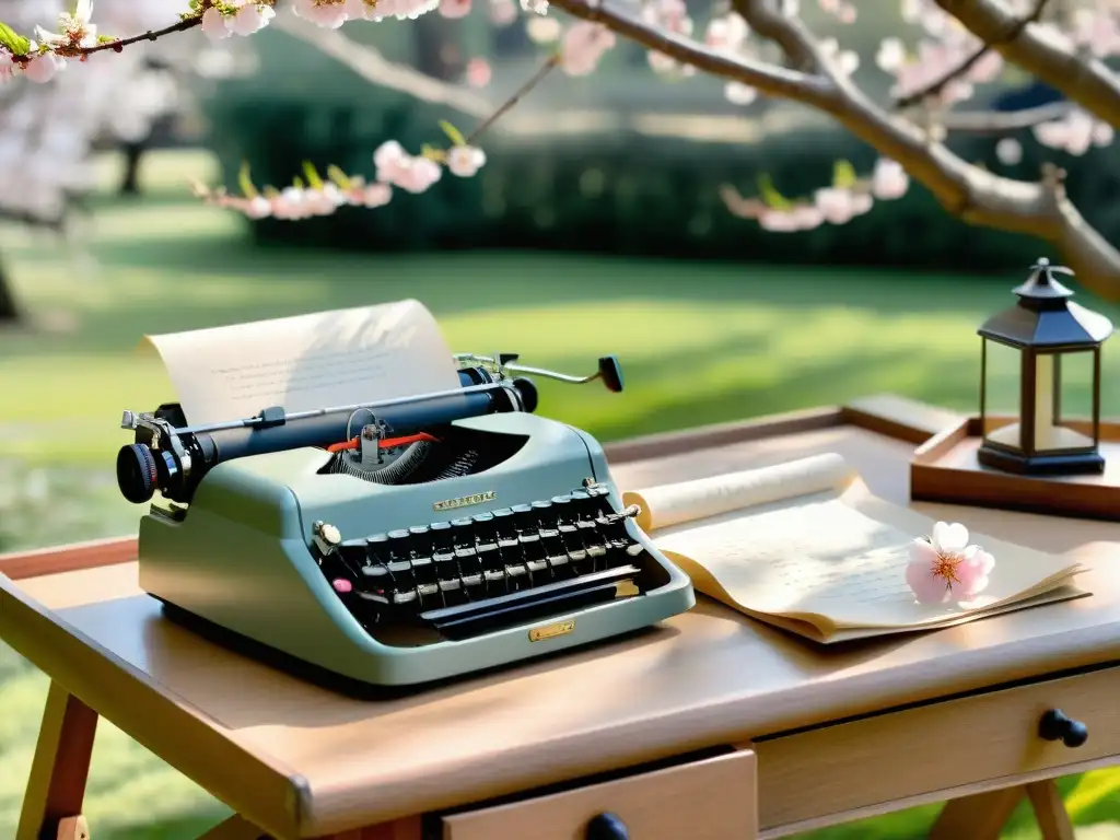 Bajo un cerezo en flor, un escritorio de madera con una máquina de escribir vintage rodeada de poemas sueltos