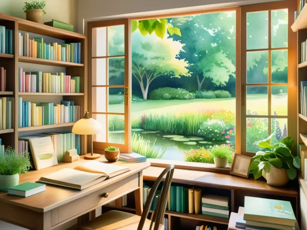 Certificación en escritura creativa: acogedor estudio soleado con libros coloridos, escritorio de madera y ventana que da a un jardín tranquilo