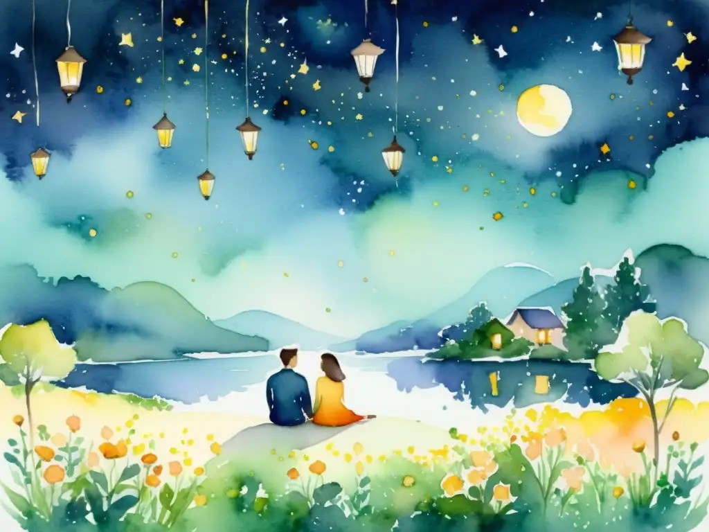 Bajo el cielo estrellado, una pareja disfruta de noches de poesía para enamorados entre flores y lanternas, en una escena romántica y apasionada