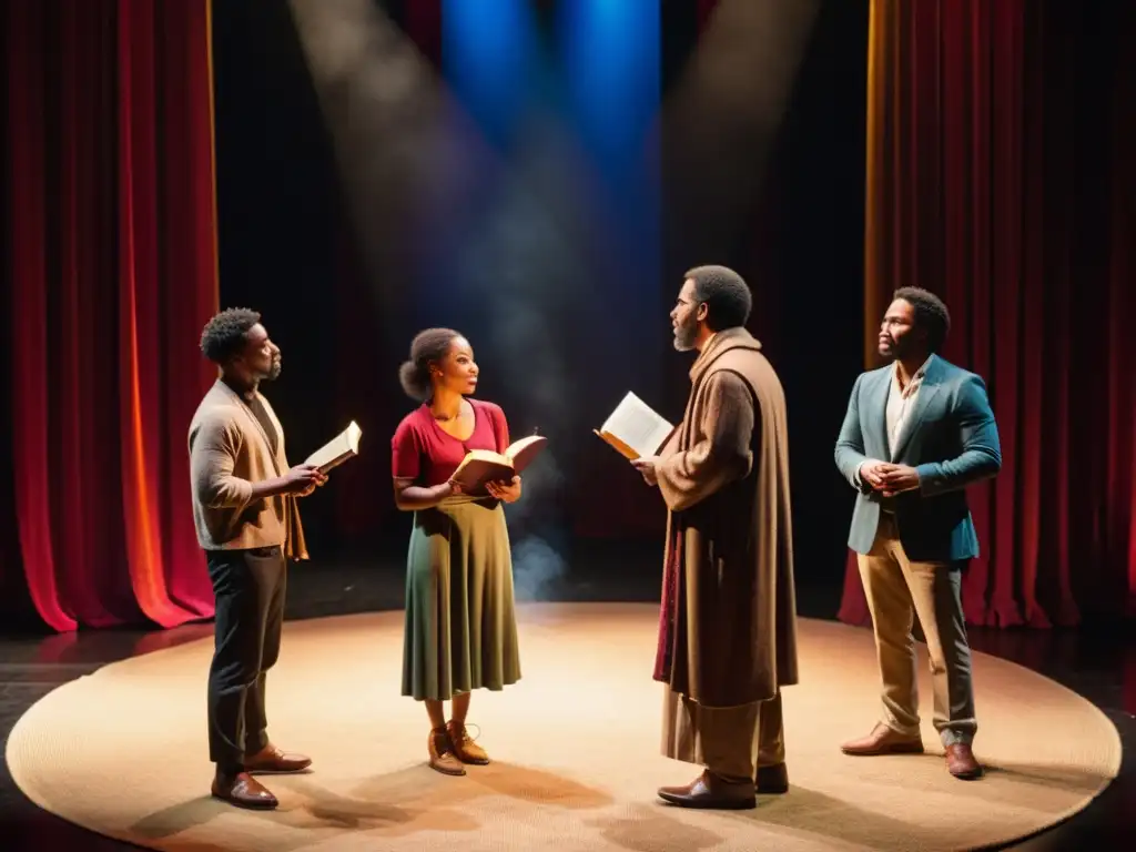 Un círculo de actores y poetas conversando apasionadamente en un escenario iluminado, con cortinas vibrantes y una atmósfera contemplativa