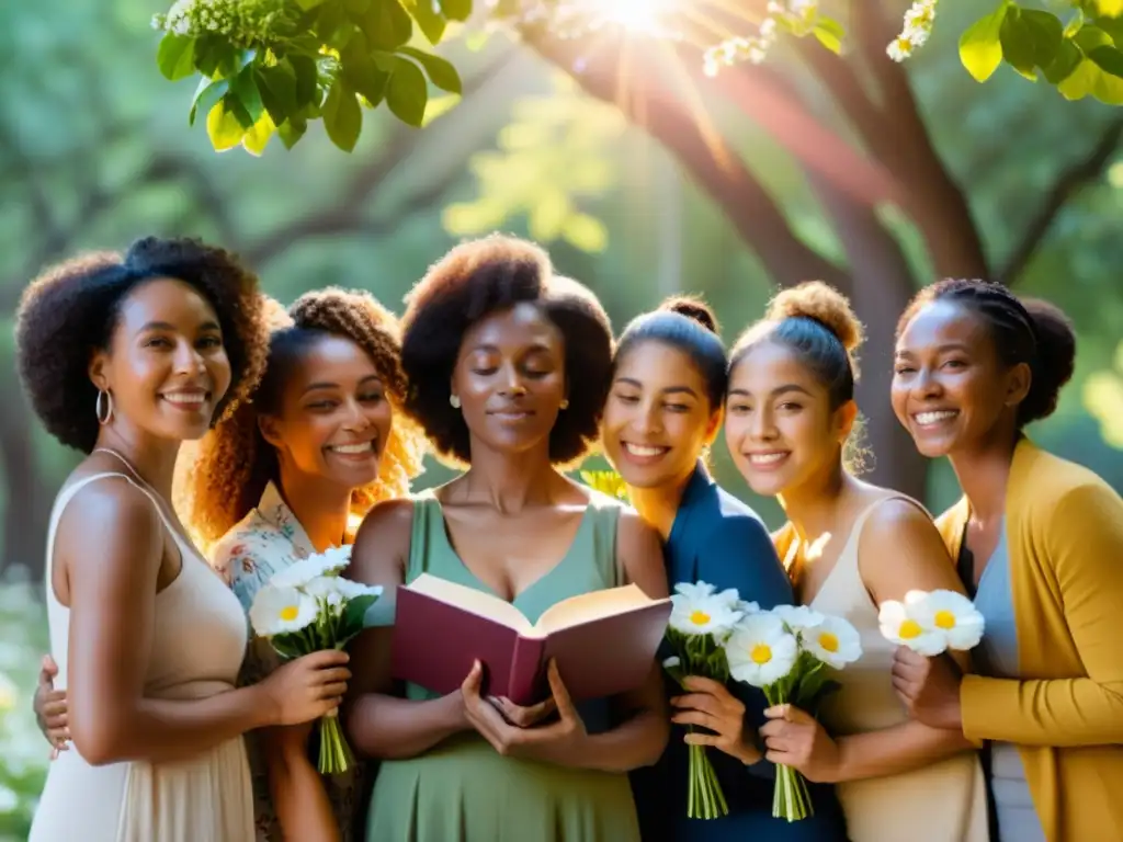 Un círculo de mujeres diversas, unidas, sosteniendo libros de poesía