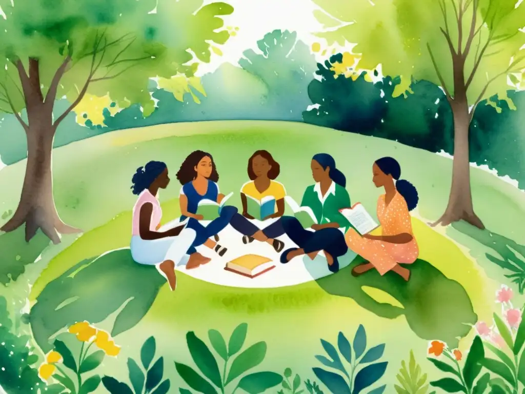 Un círculo de mujeres diversas conversando y sosteniendo revistas de poesía, rodeadas de naturaleza exuberante y luz solar