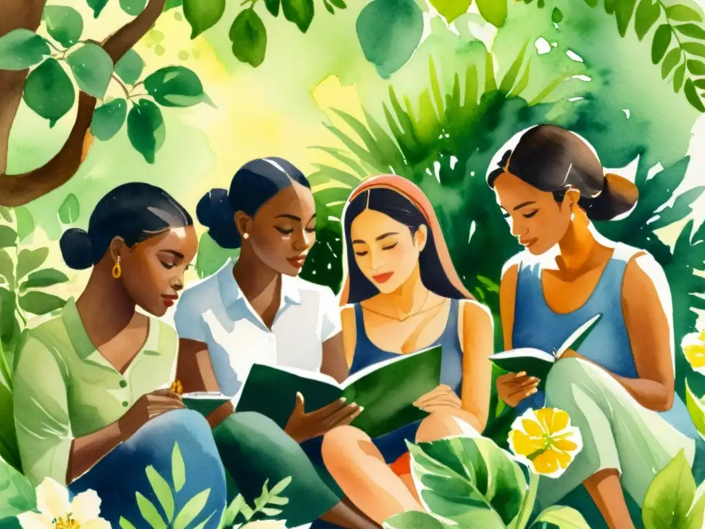 Un círculo de mujeres diversas comparte poesía en un jardín