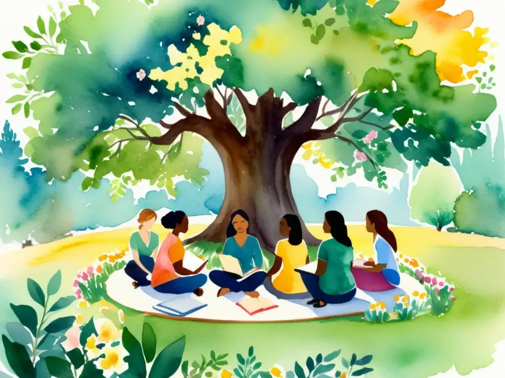 Círculo de mujeres: poesía y empoderamiento femenino Un círculo de mujeres diversas escribiendo poesía bajo un árbol, rodeadas de flores coloridas