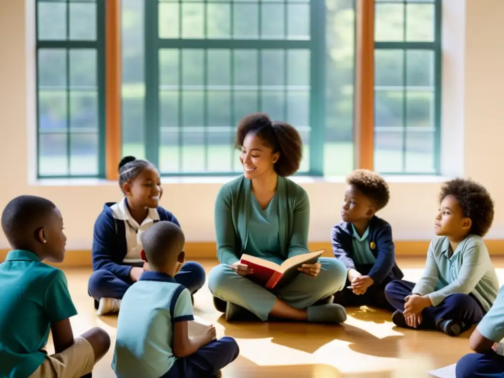 Un círculo de niños diversos lee y discute poesía con su maestra, creando una atmósfera cálida que refleja la poesía como herramienta de mediación