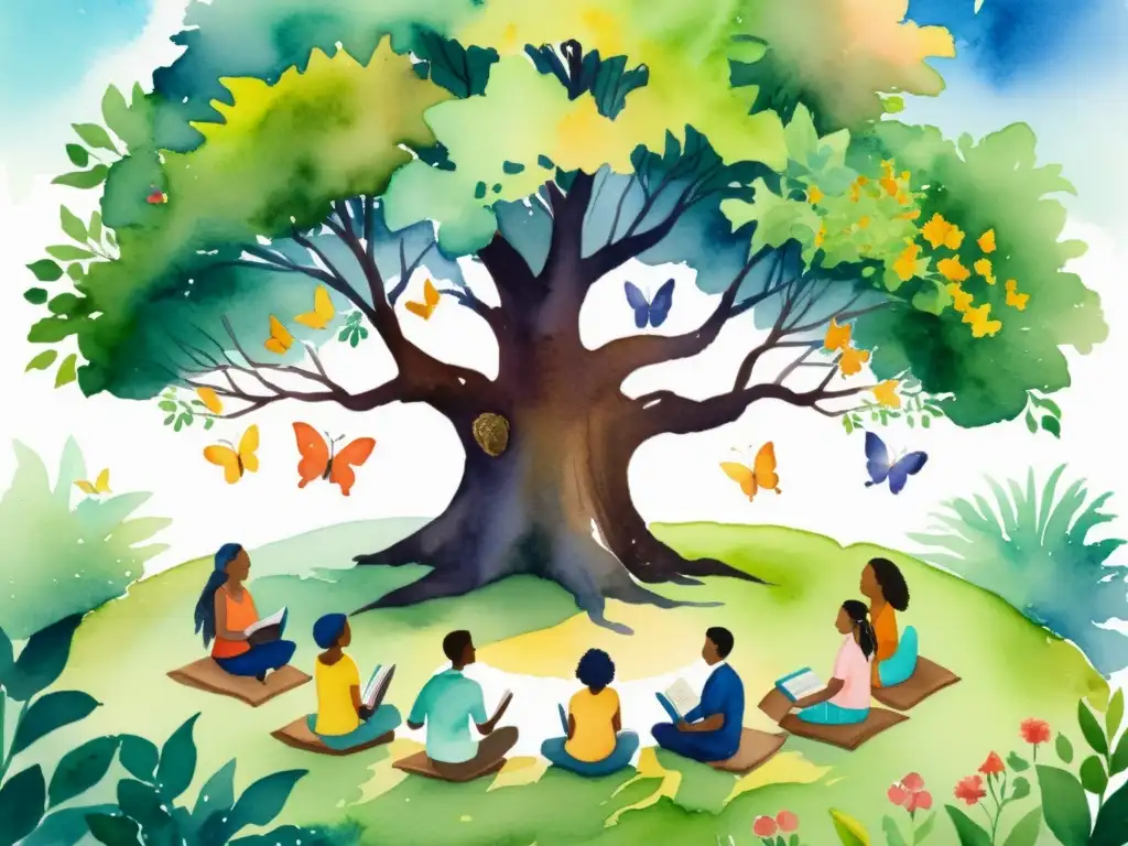 Círculo de poesía bajo un árbol centenario Un círculo de personas diversas lee poesía bajo un árbol antiguo, rodeados de flores
