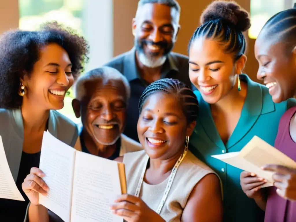 Un círculo de personas diversas de todas las edades y habilidades recita poesía, expresando alegría e inclusión en eventos de poesía inclusivos para todas las edades