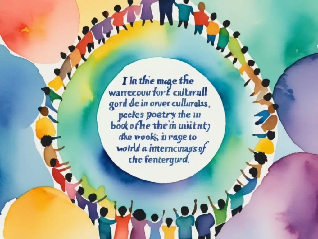 Unidos por la Poesía: Diversidad en Armonía Un círculo de personas diversas sostiene libros de poesía en múltiples idiomas, unidos por traducciones poéticas que unen corazones