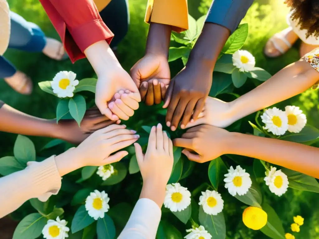 Un círculo de personas diversas se toman de las manos en un entorno natural, transmitiendo unidad y armonía