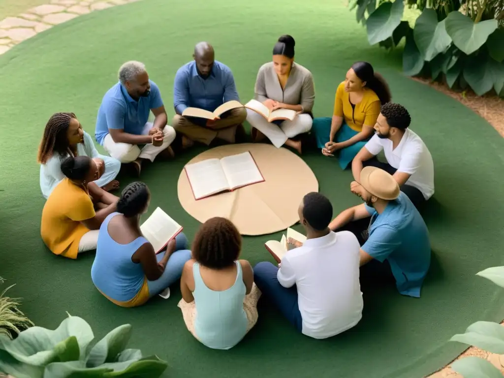 Un círculo de personas diversas comparte poesía al aire libre, reflejando conexión y empatía