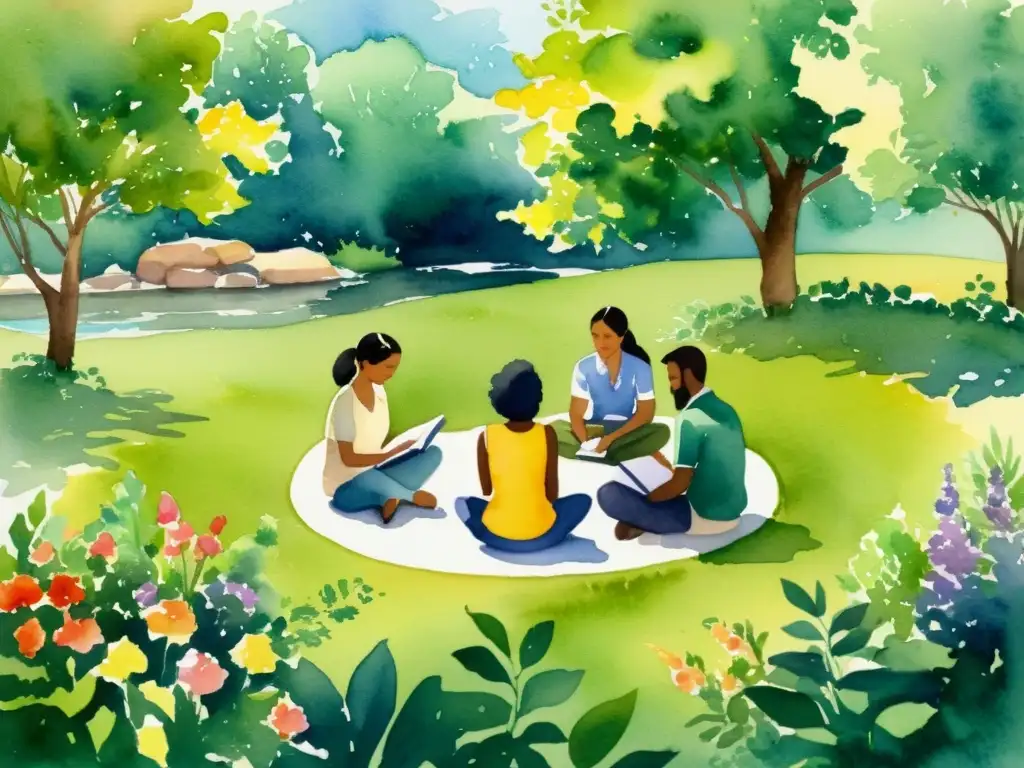 Círculo creativo en la naturaleza: diversidad y poesía Un círculo de personas diversas rodeadas de naturaleza, escribiendo y leyendo poesía