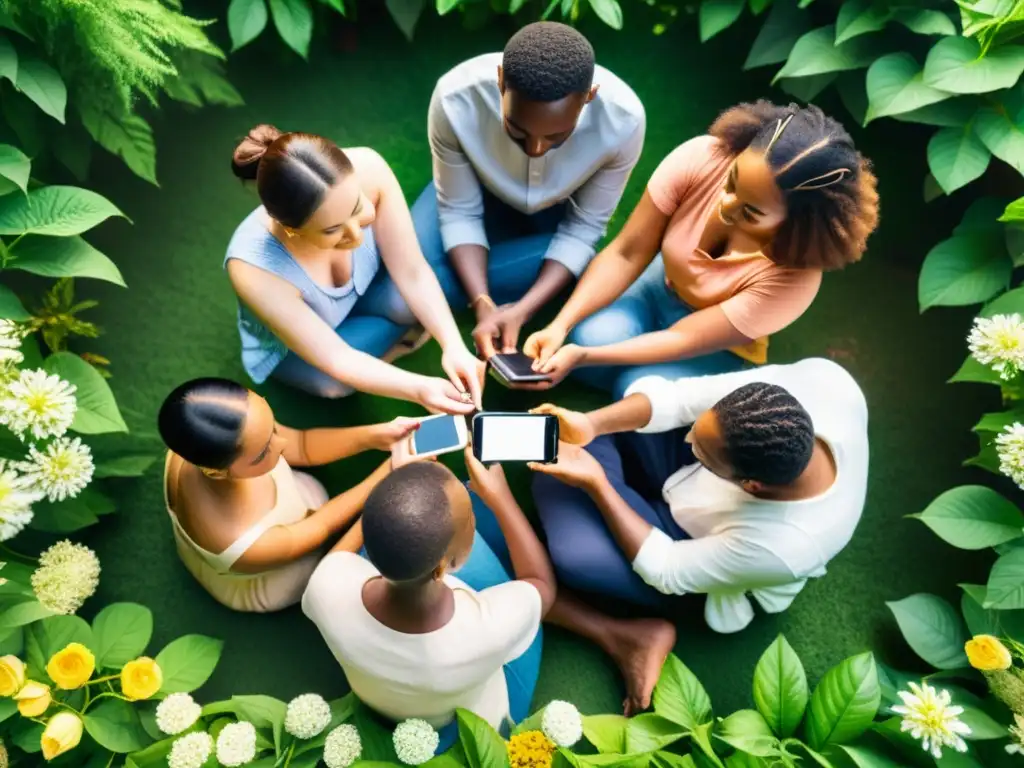 Un círculo de personas diversas escribiendo en sus teléfonos rodeados de naturaleza