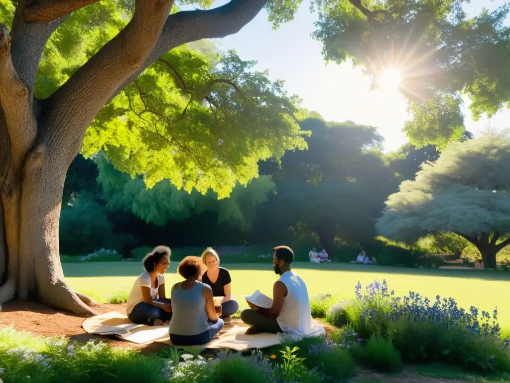 Un círculo de poesía en un jardín tranquilo y soleado, donde diversos participantes escriben versos en un taller, rodeados de flores silvestres