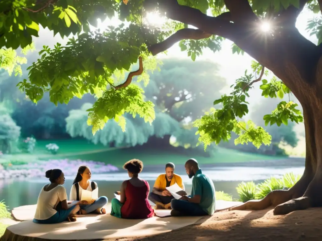Círculo poético multicultural en la naturaleza Un círculo de poetas diversas bajo un árbol, escribiendo versos en paz
