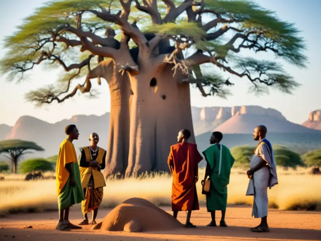 Un círculo de poetas guerreros de África contemporánea bajo un baobab, vistiendo coloridos atuendos tradicionales mientras comparten sabiduría y pasión, con montañas y aves al fondo