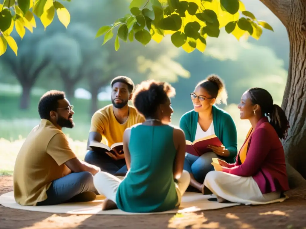 Poetas del mundo en apasionada colaboración Un círculo de poetas de todo el mundo colaborando en medio de la naturaleza, capturando la esencia de la colaboración poética internacional