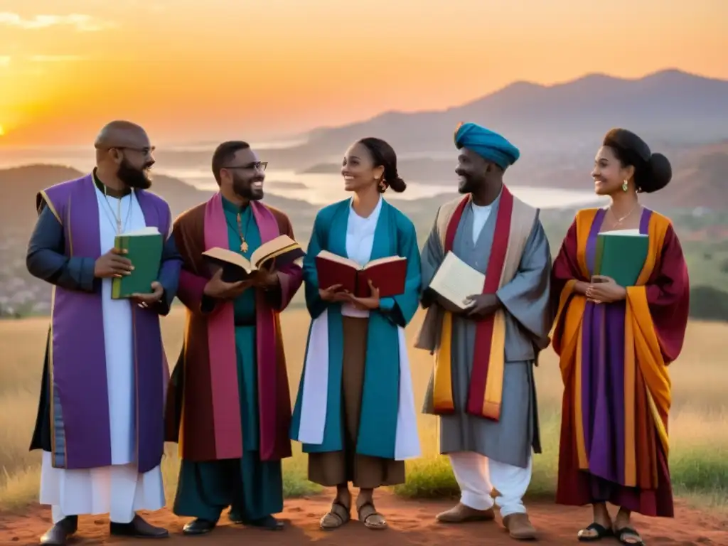 Un círculo de poetas de todo el mundo, vestidos con trajes tradicionales, intercambian versos al atardecer