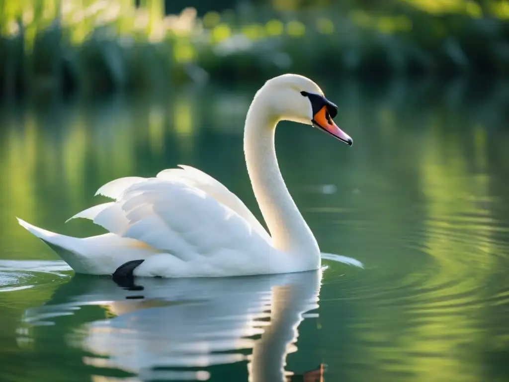 Un cisne blanco se desliza elegantemente en un lago tranquilo, reflejando su plumaje impecable en el agua clara