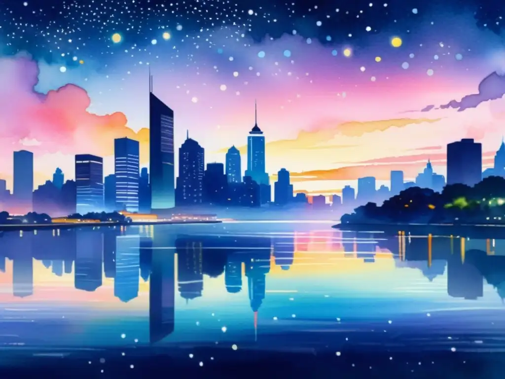 Cityscape de ensueño con luces digitales reflejadas en el río, evocando poesía digital