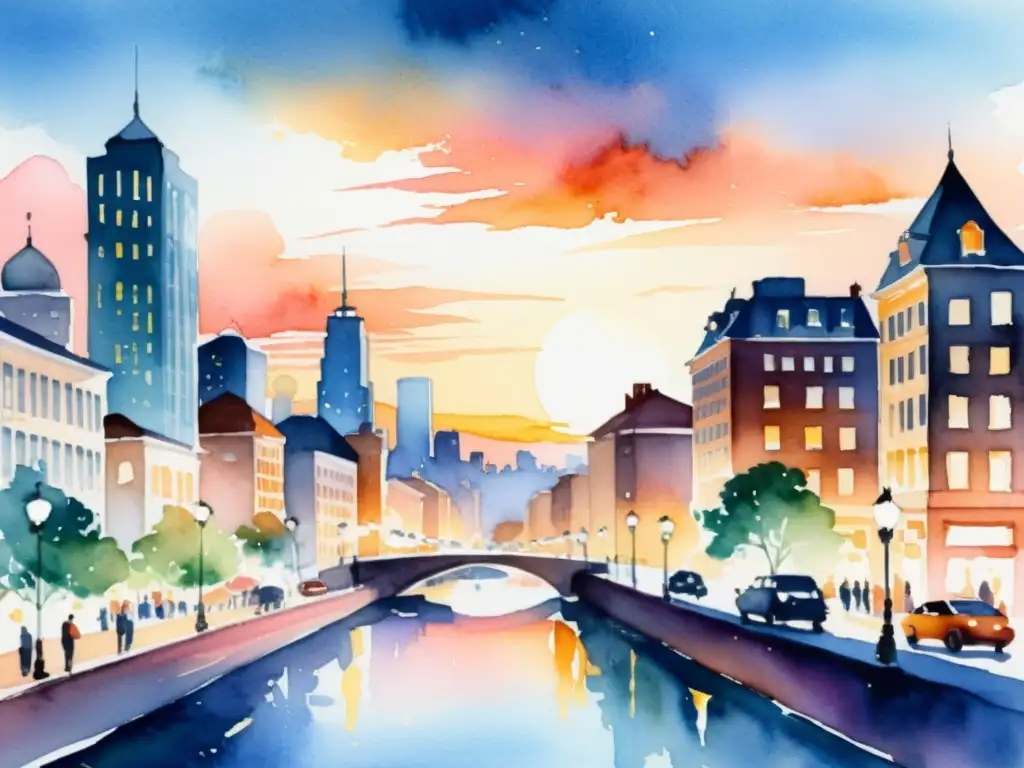 Watercolor de ciudad al atardecer, con un aura etérea y cálida