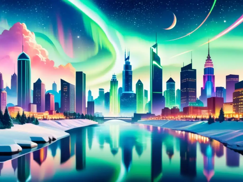 Una ciudad futurista con rascacielos iluminados por neón y reflejados en un río sereno
