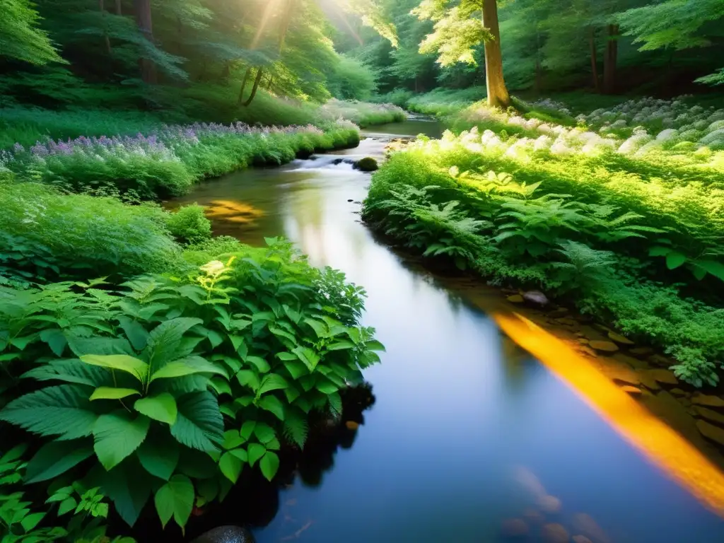 Un claro de bosque sereno y bañado por el sol, con un arroyo serpenteante entre la exuberante vegetación