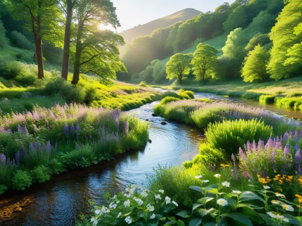 Un claro de bosque sereno con vegetación exuberante y delicadas flores silvestres, atravesado por un arroyo bajo el suave sol