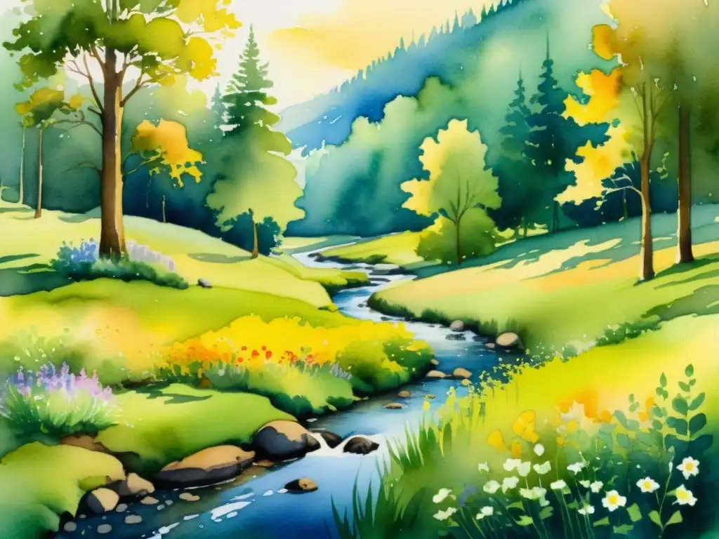 Un claro de bosque tranquilo y soleado con un arroyo serpenteante reflejando la cálida luz dorada