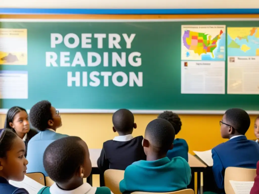 Clase inmersa en la poesía para enseñar eventos históricos, con estudiantes atentos a la lectura poética de la maestra en un aula decorada