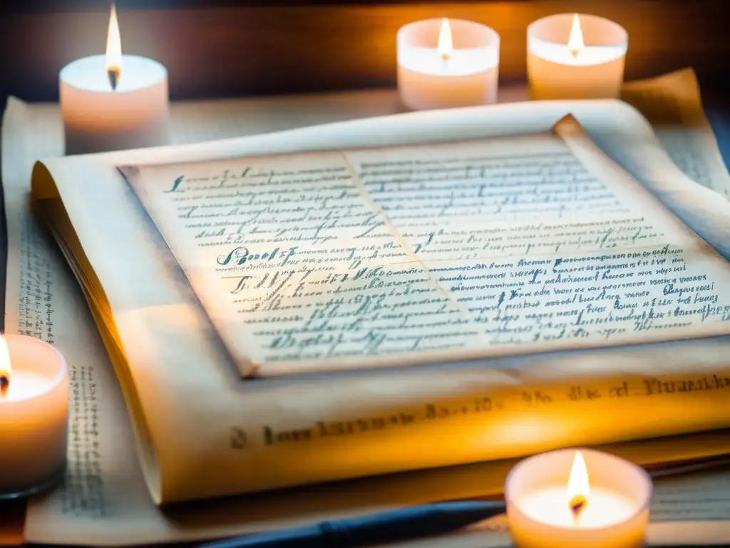 Closeup de un antiguo manuscrito poético iluminado por luz de vela en una biblioteca tenue, ideal para identificar manuscritos poéticos auténticos