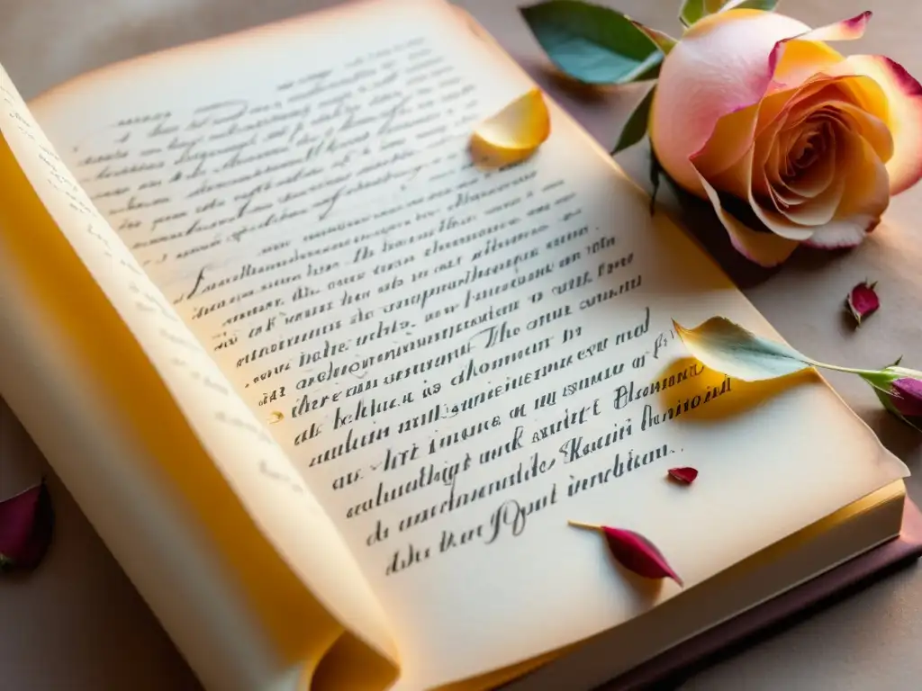 Closeup de libro antiguo con poesía contemporánea en caligrafía elegante, iluminado suavemente, rodeado de pétalos de rosa