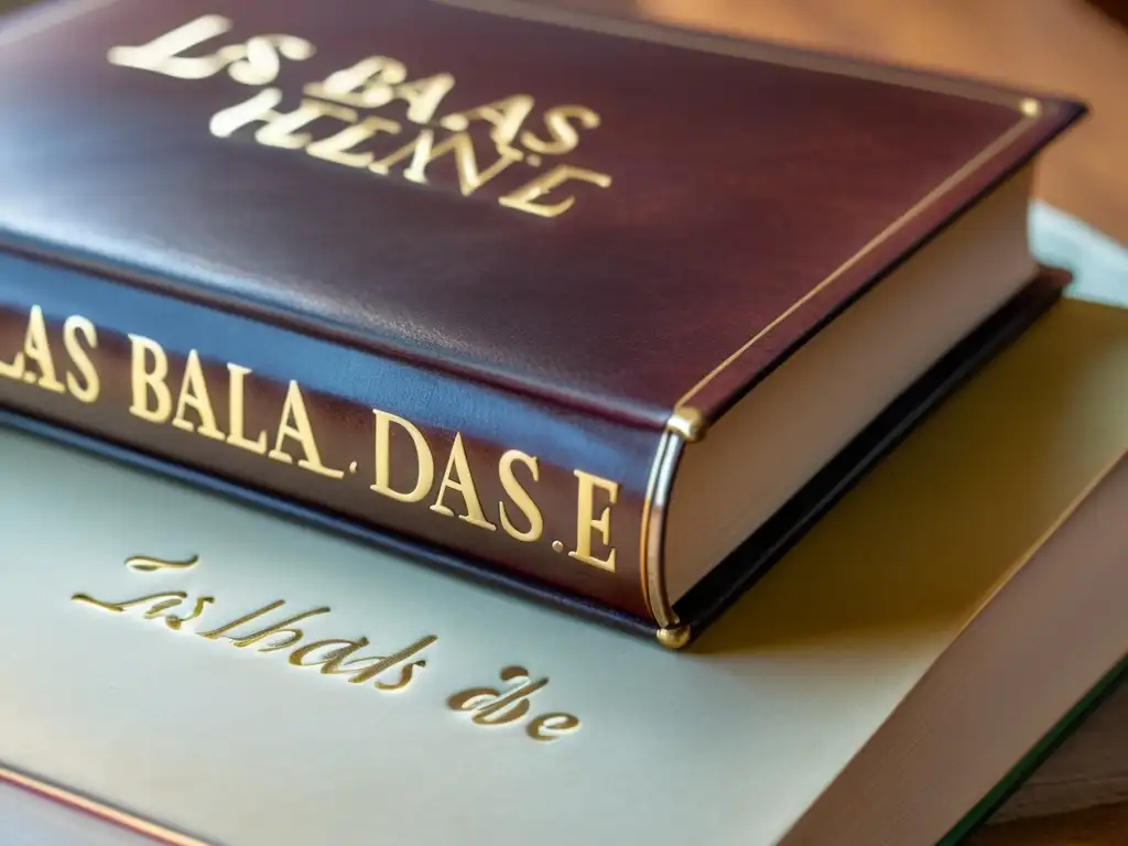 Closeup de libro 'Las Baladas de Heine' en español: detalles del cuero en mesa de caoba iluminada, notas manuscritas en páginas amarillentas