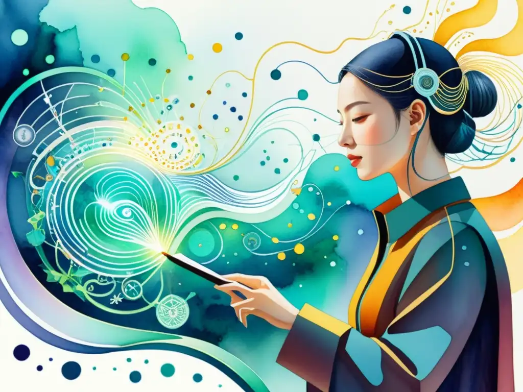 Colaboración entre inteligencia artificial y poesía: una pintura detallada de una interfaz futurista, con circuitos intrincados y poesía fluida entrelazándose en una danza creativa