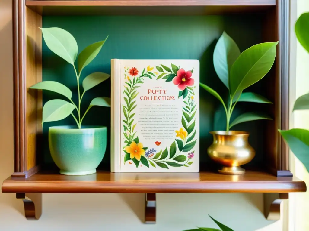 Exquisita colección de libros de poesía en acuarela Una colección de libros raros de poesía en una estantería de madera, iluminada por la suave luz del sol, rodeada de naturaleza exuberante