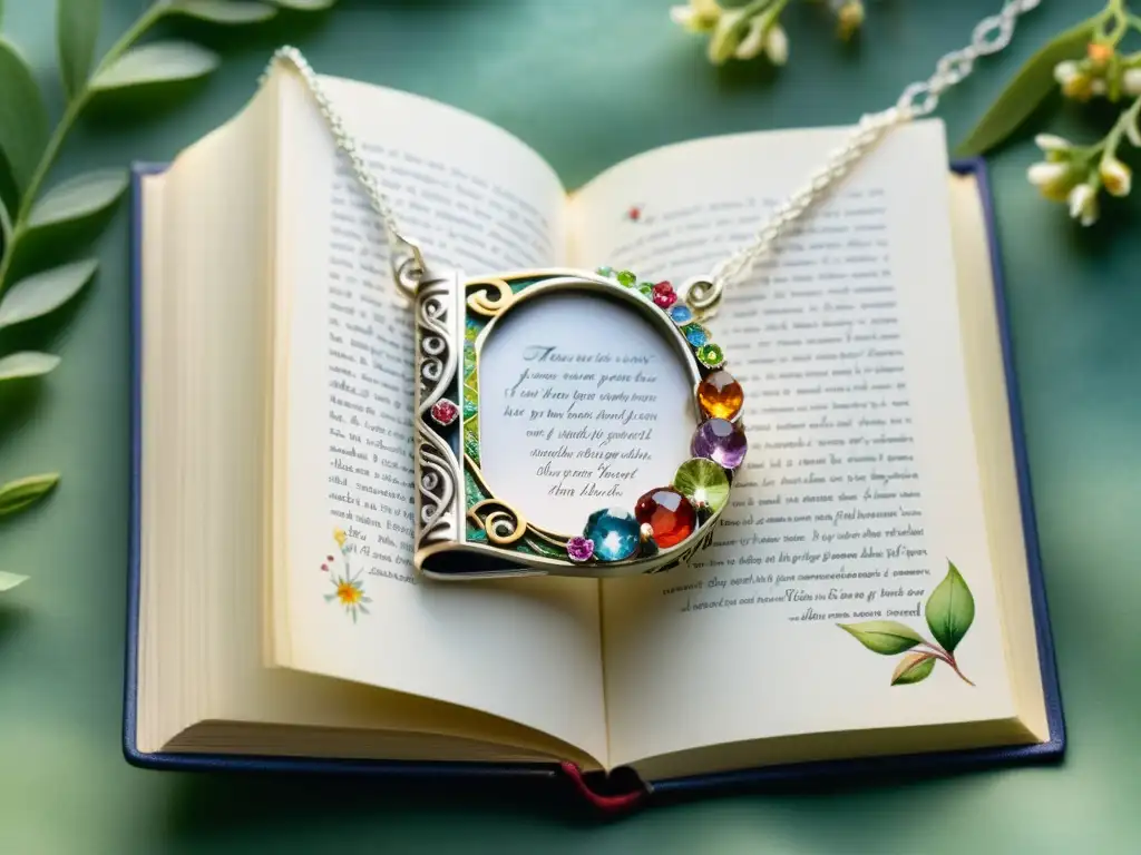 Un collar plateado con forma de libro abierto, con versos de poesía que cobran vida y se entrelazan con flores acuarelas