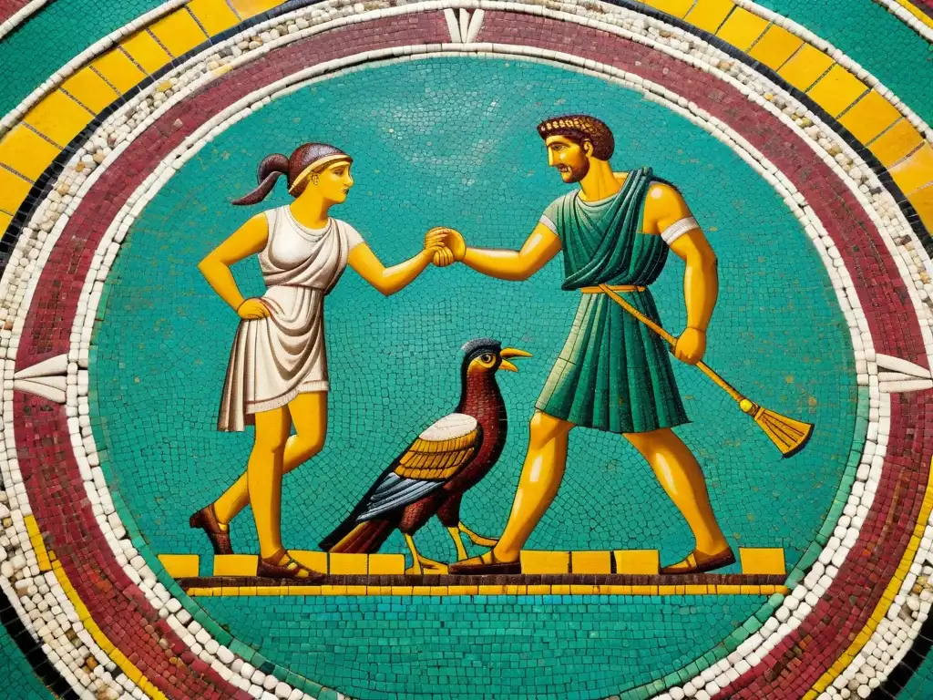 Una colorida escena de amor y escarnio en la Roma Antigua, representada en un vibrante mosaico descubierto en una villa romana