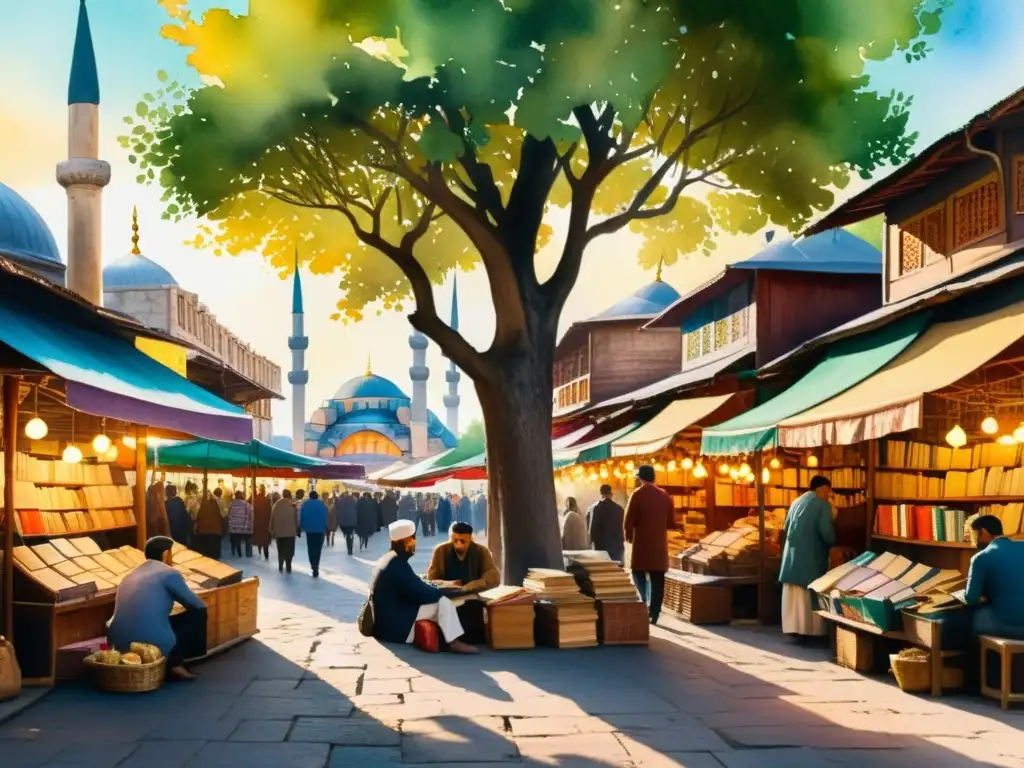 Colorida pintura acuarela de una bulliciosa feria del libro en Estambul, con poesía ancestral y energía vibrante