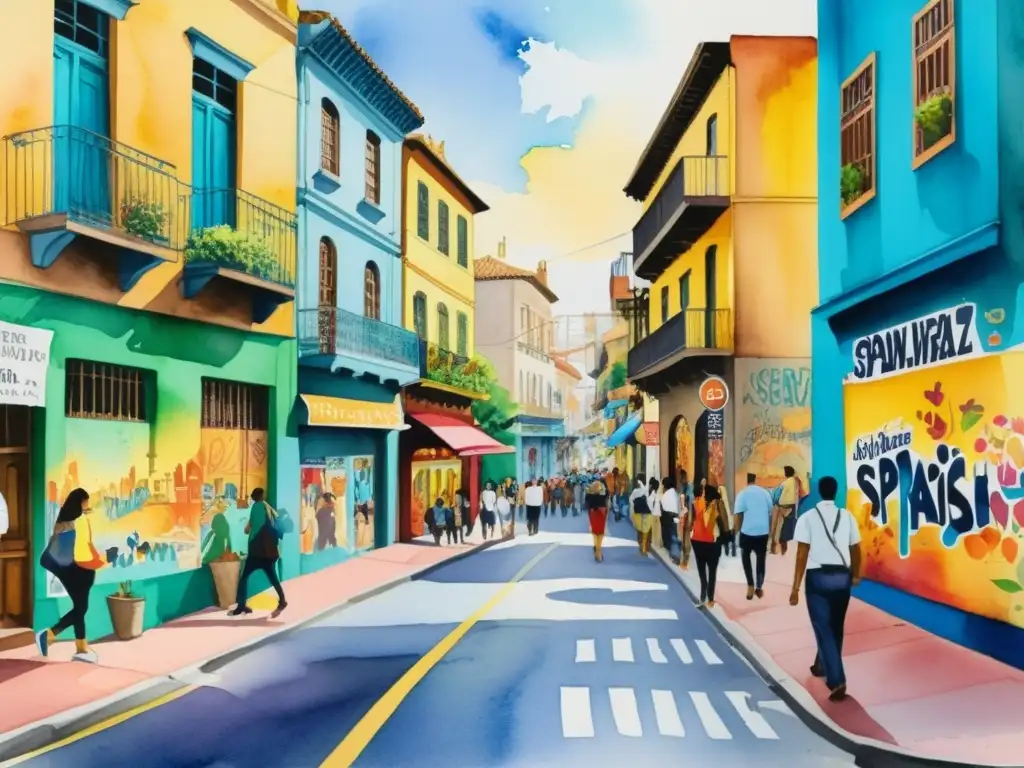 Una colorida pintura acuarela de una bulliciosa calle urbana en una ciudad de habla hispana, capturando la esencia de la poesía urbana iberoamericana