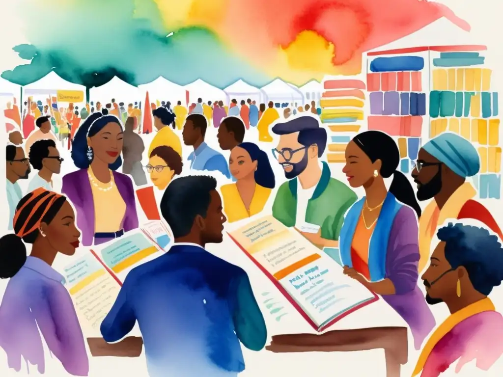 Una colorida pintura acuarela muestra una diversa reunión de poetas en la Feria del Libro de Nueva York, celebrando la diversidad poética