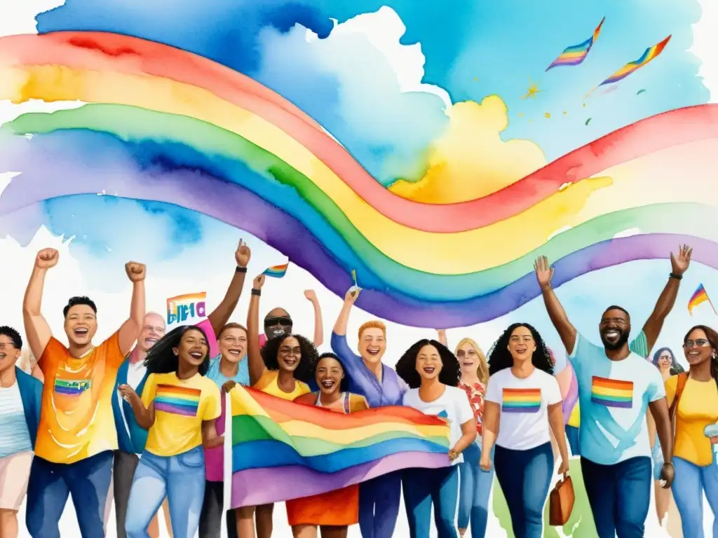 Una colorida pintura acuarela que muestra la diversidad y la unidad en un vibrante desfile del orgullo LGBTQ+