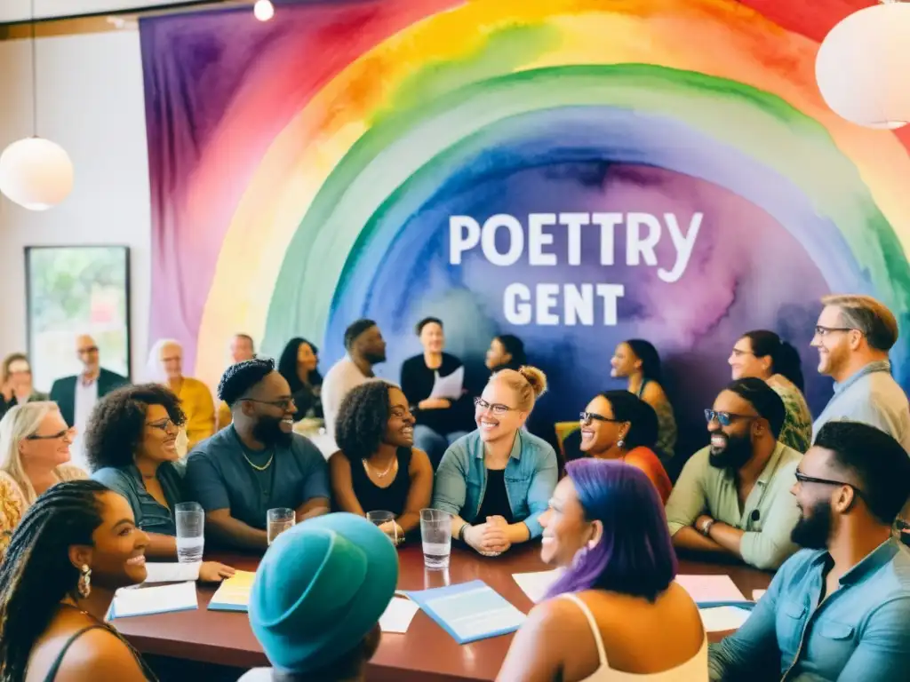 Una colorida pintura acuarela de un evento de poesía LGBTQ+ que celebra la diversidad cultural y la inclusividad