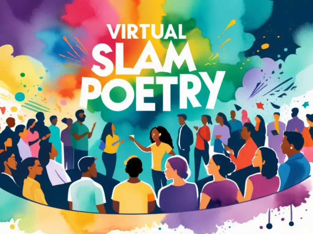 Colorida pintura acuarela de un evento de slam poetry en escenario virtual, con poetas apasionados y audiencia reaccionando con emotividad