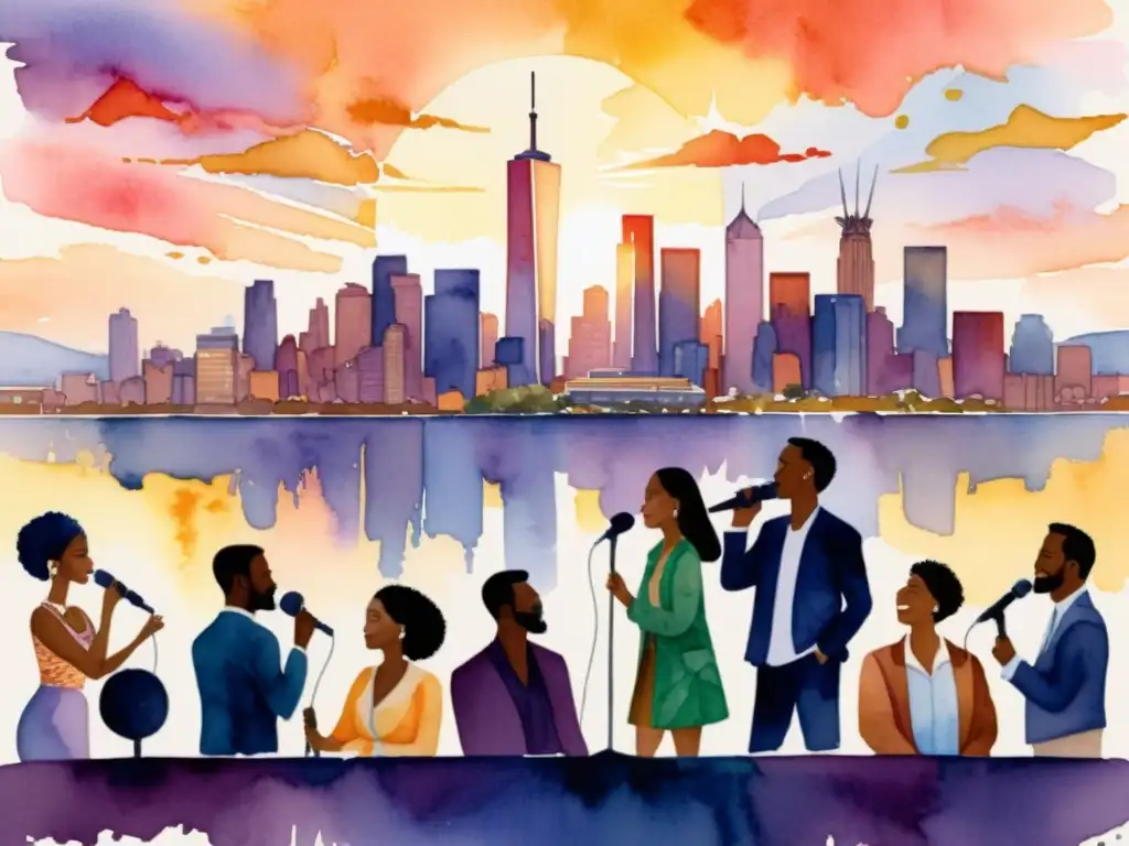 Poesía inclusiva: Micrófono, pasión y ciudad al atardecer Colorida pintura acuarela de un grupo diverso recitando poesía frente a un micrófono, con la ciudad al atardecer de fondo