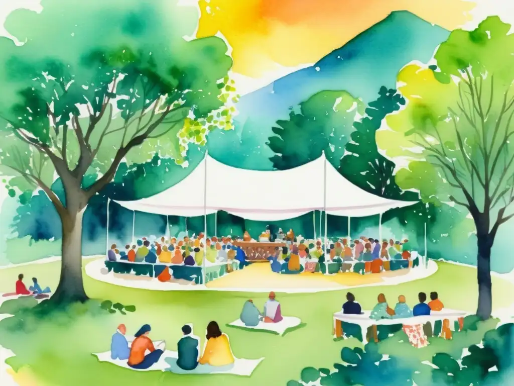 Colorido festival de poesía y sociedad, con diversidad de personas disfrutando de recitales bajo un dosel de árboles y flores