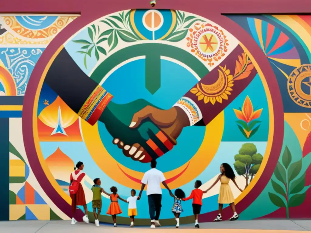 Colorido mural con personas de diversas culturas unidas, simbolizando concordia y diversidad